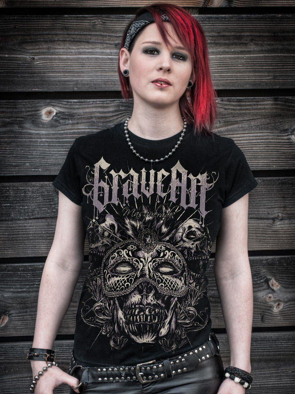 T-shirt GraveArt Masquerade pour femme noir avec motif de tête de mort masquée