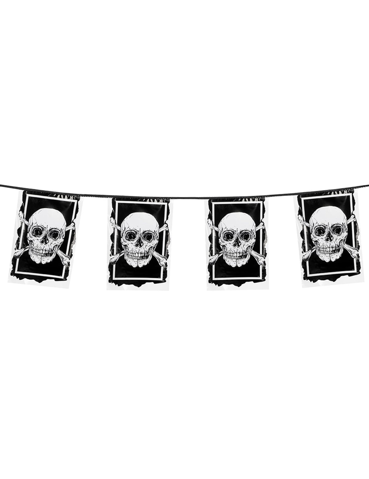 Mise en situation de la guirlande de 10 drapeaux en plastique Pirate Jolly Roger