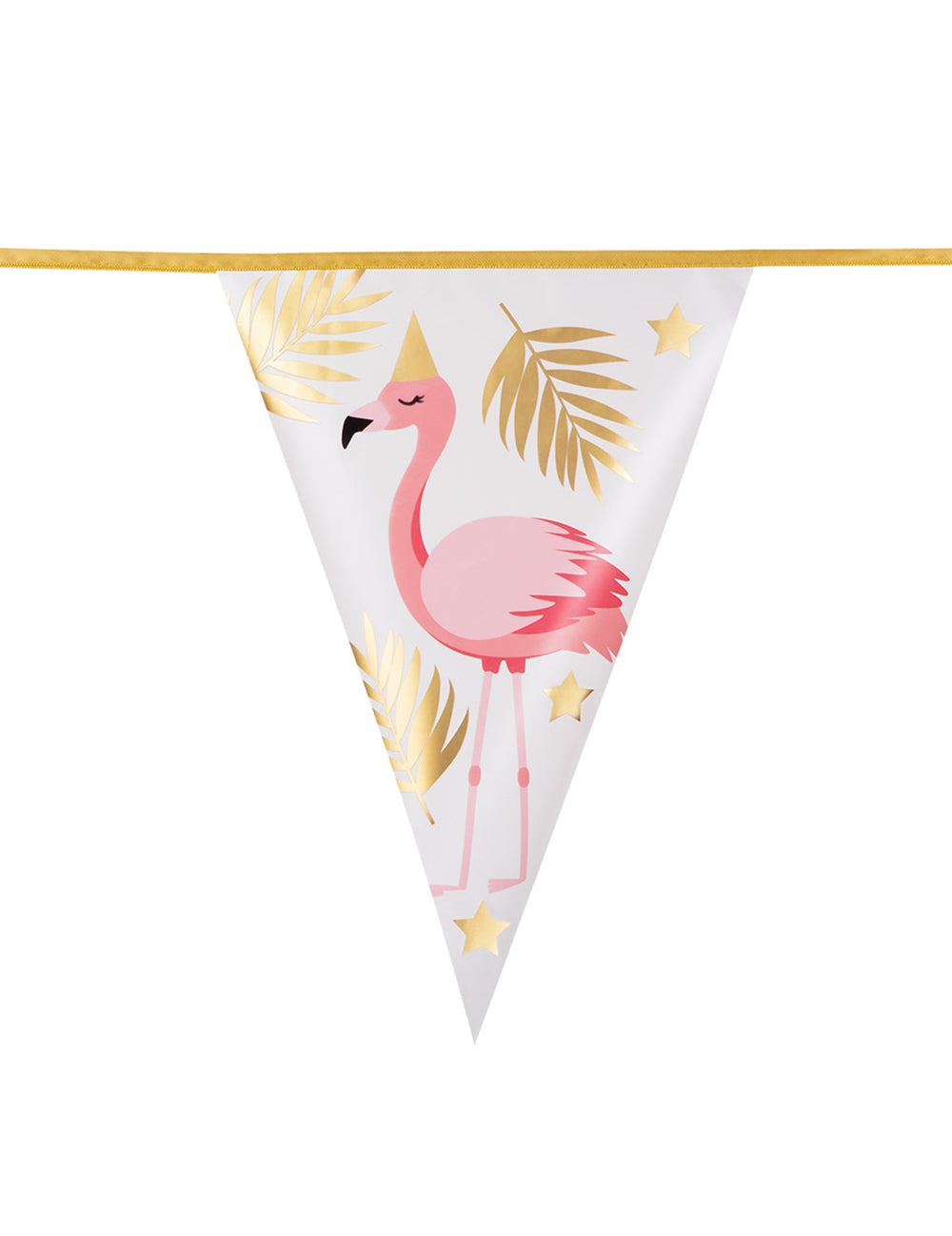 Détail d'un fanion avec motif flamant rose et feuilles dorées de la guirlande de fanions Flamant Tropic