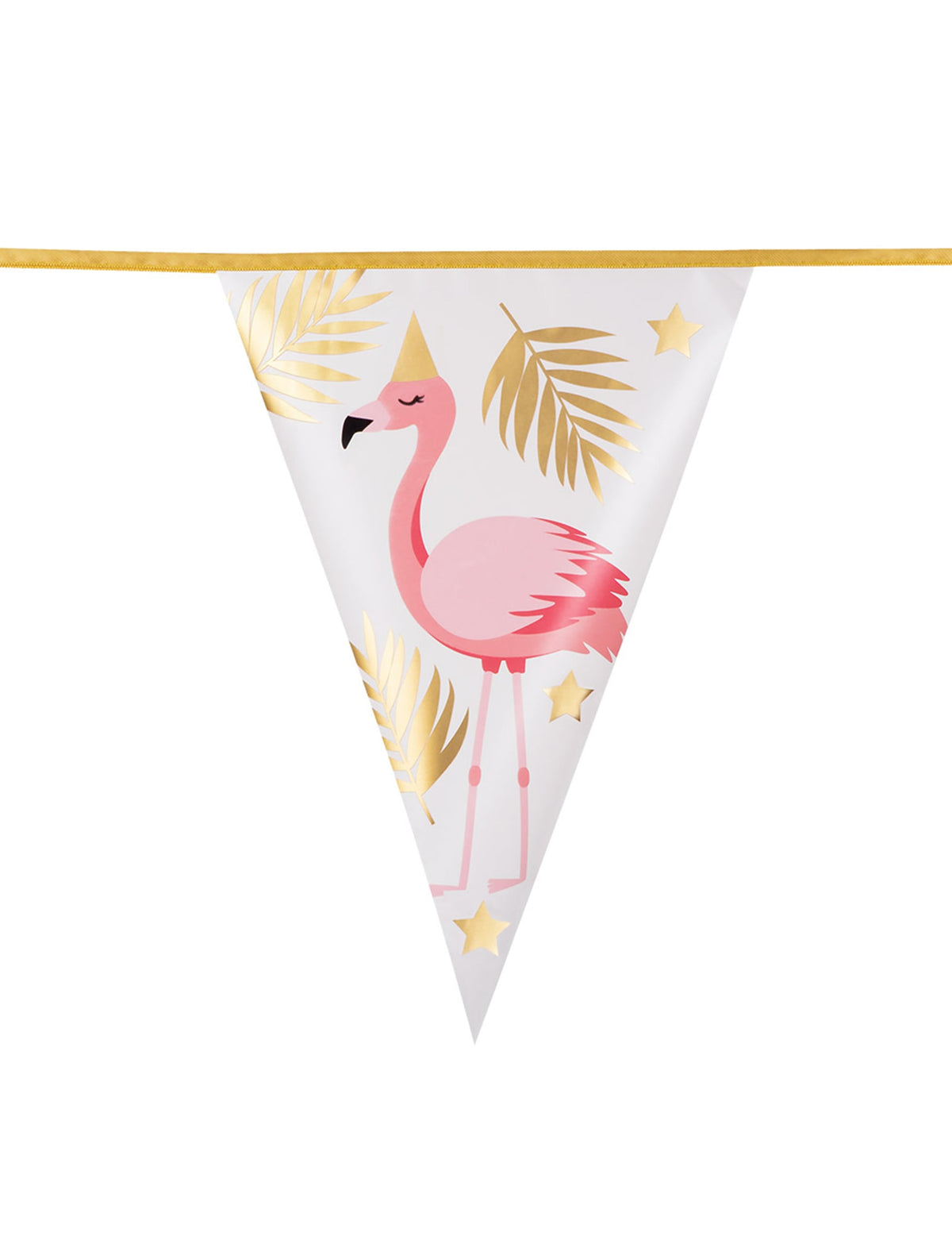 Détail d'un fanion avec motif flamant rose et feuilles dorées de la guirlande de fanions Flamant Tropic