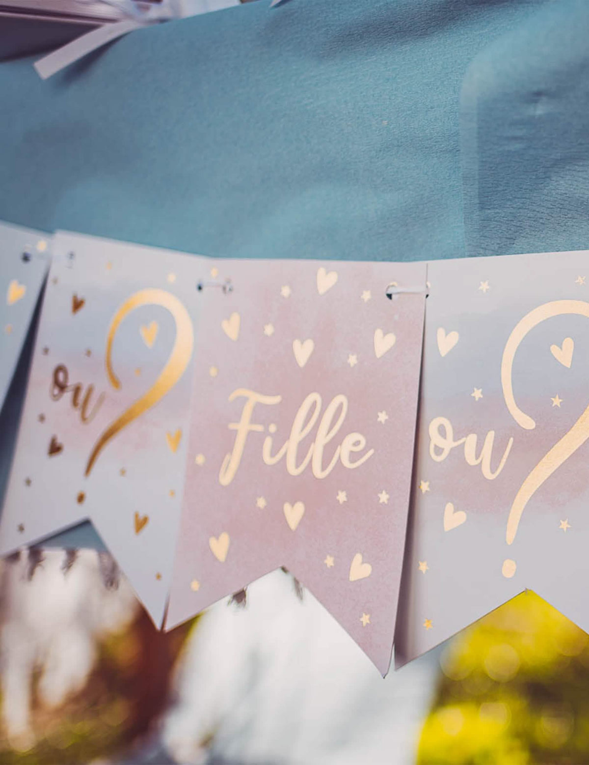 Guirlande 11 fanions menina ou menino para gender reveal cor de rosa azul e dourado