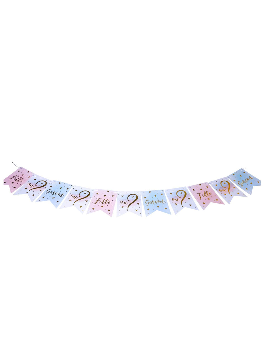 Vista geral da grinalda 11 bandeirolas menina ou menino para gender reveal cor de rosa azul e dourado