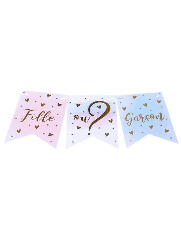 Guirlande 11 fanions menina ou menino para gender reveal cor de rosa azul e dourado