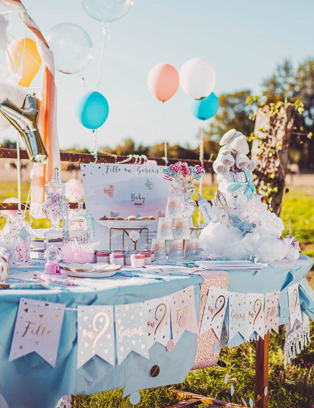 Encenação numa mesa de festa da grinalda 11 fanions menina ou menino para gender reveal