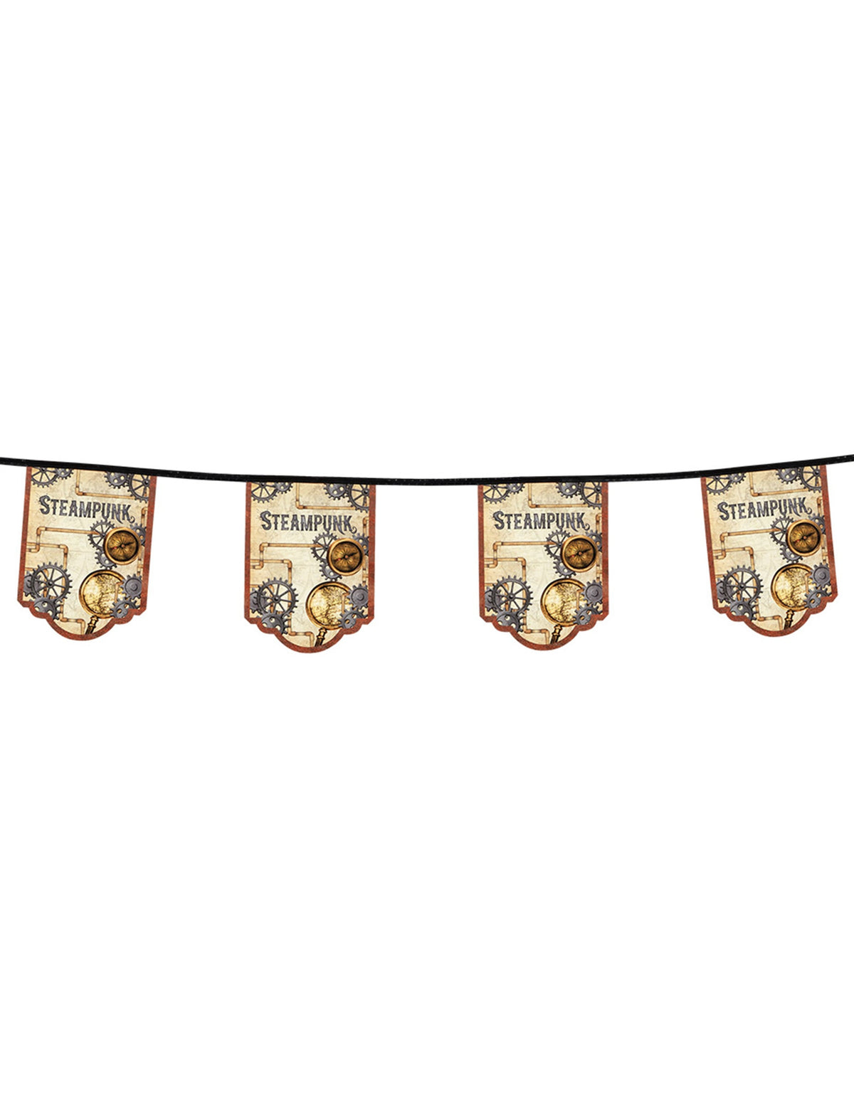 Détail des dimensions d'un fanion de la guirlande 11 fanions en carton Steampunk