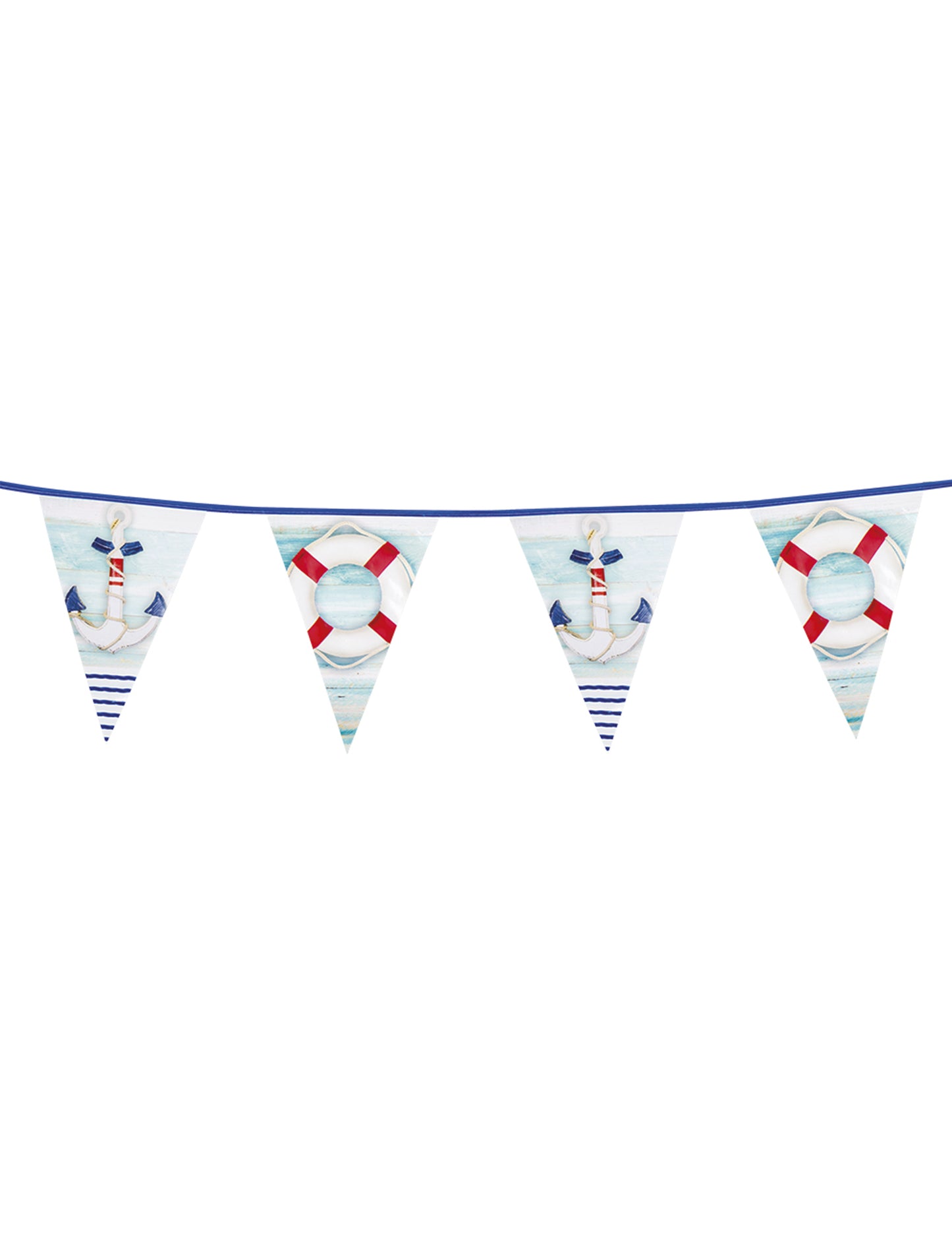 Guirlande de 15 fanions marin bleu et blanc avec motifs d'ancres et de bouées
