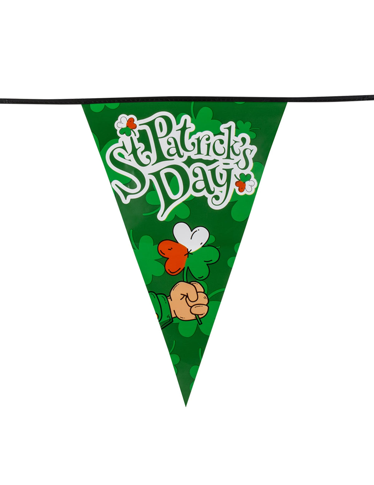 Détail d'un fanion avec trèfle tricolore de la guirlande à fanions Saint Patrick