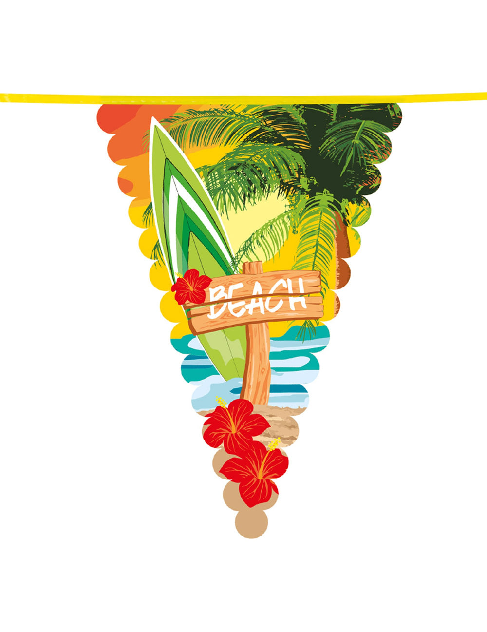 Détail du motif plage et planche de surf d'un fanion de la guirlande à fanions Beach party