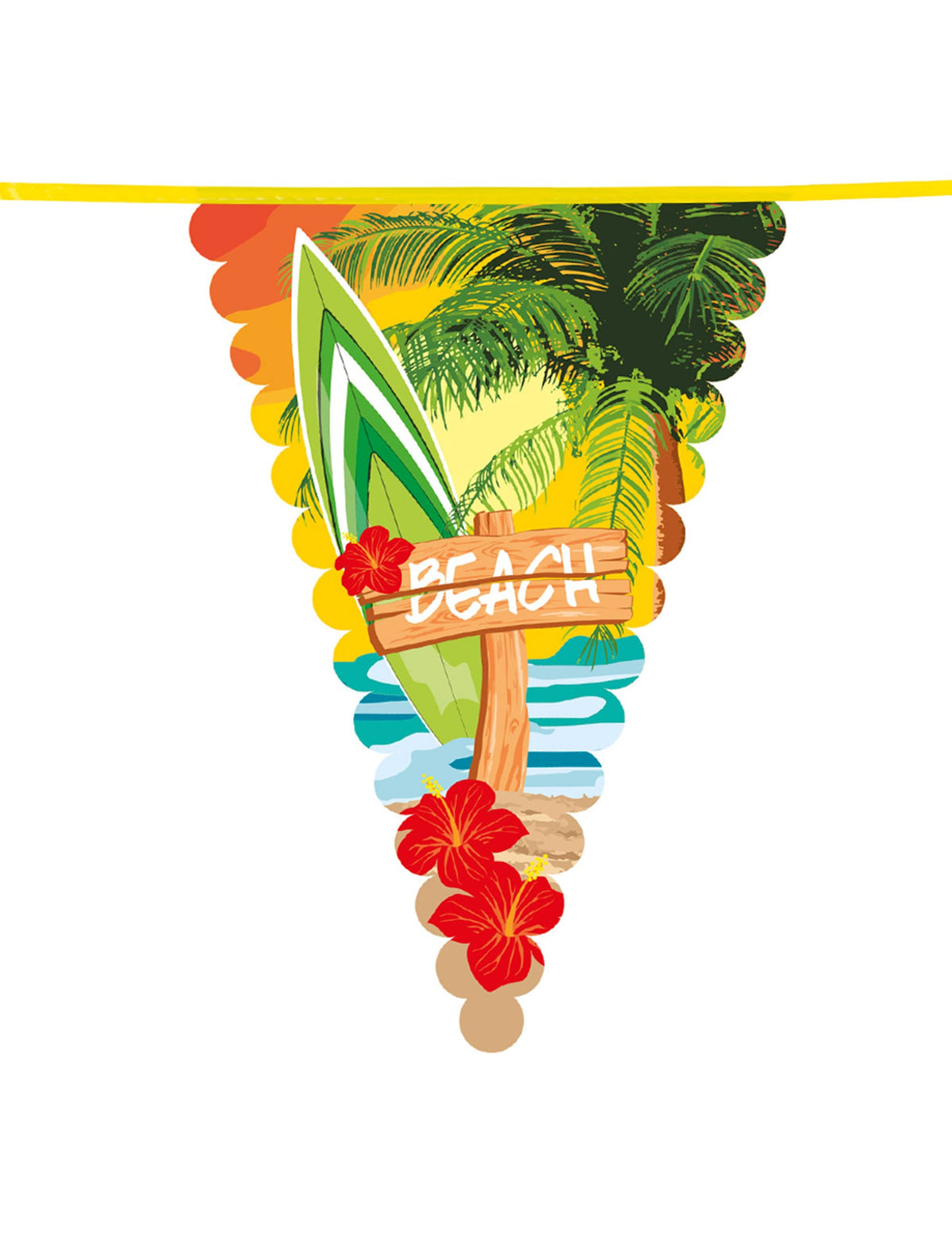 Détail du motif plage et planche de surf d'un fanion de la guirlande à fanions Beach party