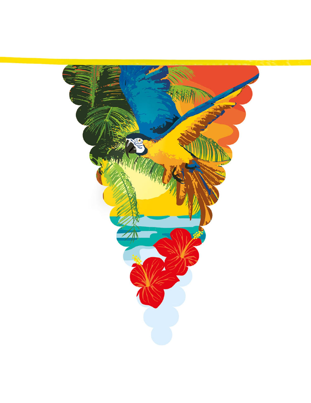 Détail du motif perroquet et hibiscus de la guirlande à fanions Beach party