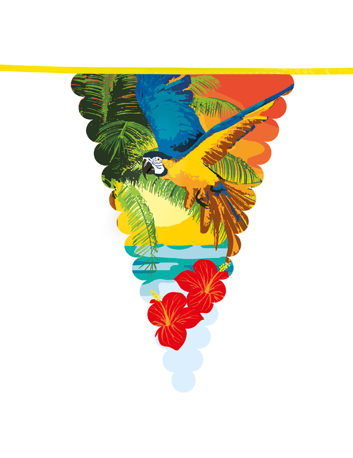Détail du motif perroquet et hibiscus de la guirlande à fanions Beach party