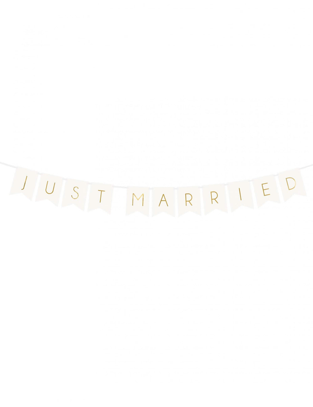 Guirlanda de bandeirolas Just Married para casamento branco e dourado em cartão