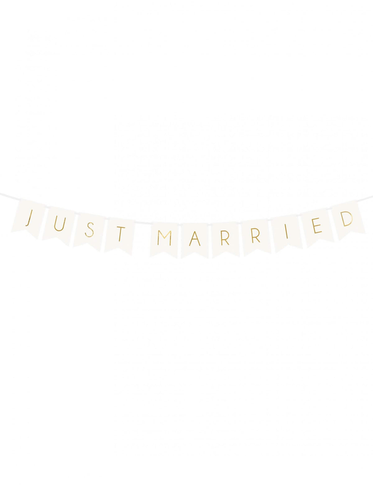 Guirlanda de bandeirolas Just Married para casamento branco e dourado em cartão
