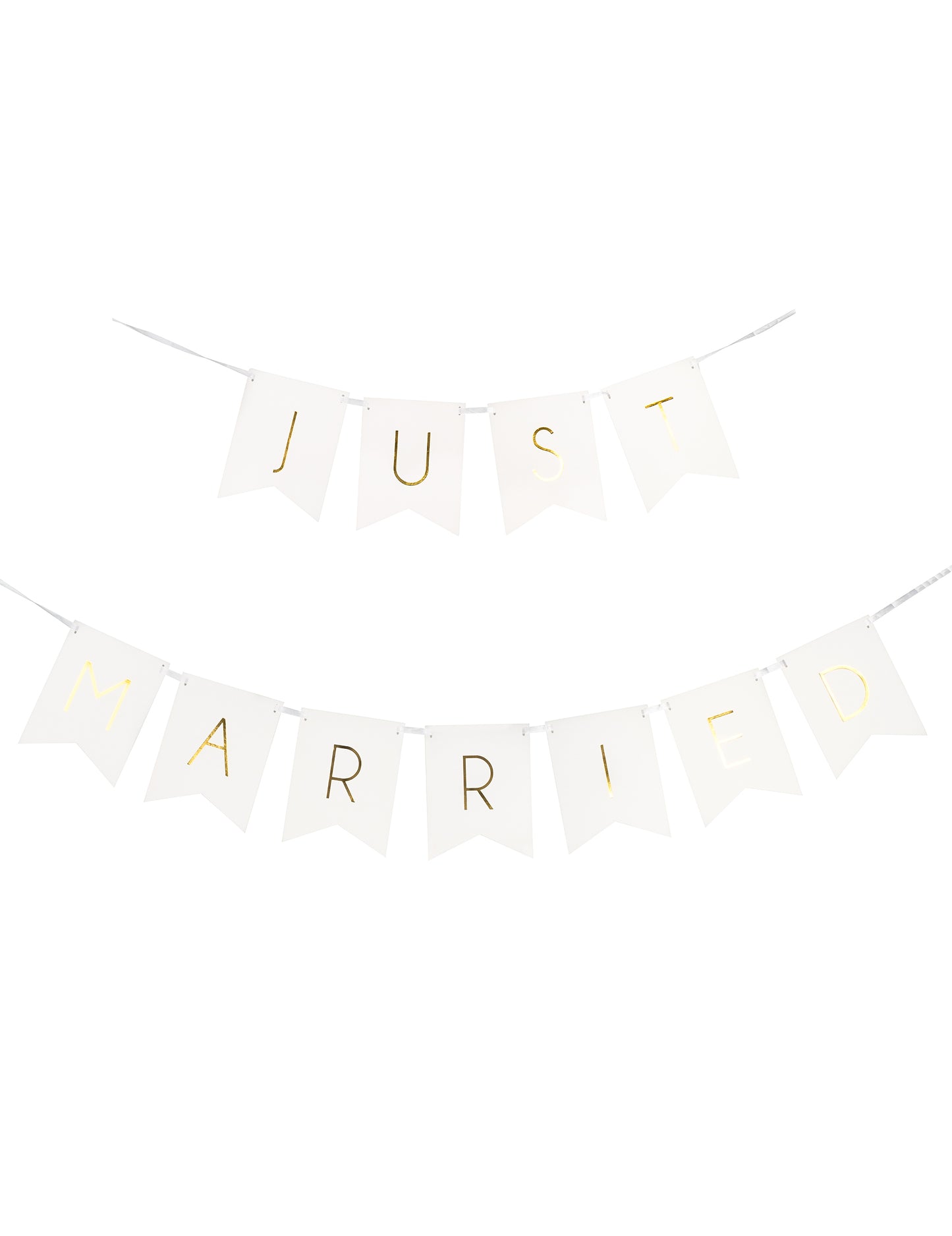 Vue de face de la guirlande à fanions Just Married pour mariage blanc et or en carton