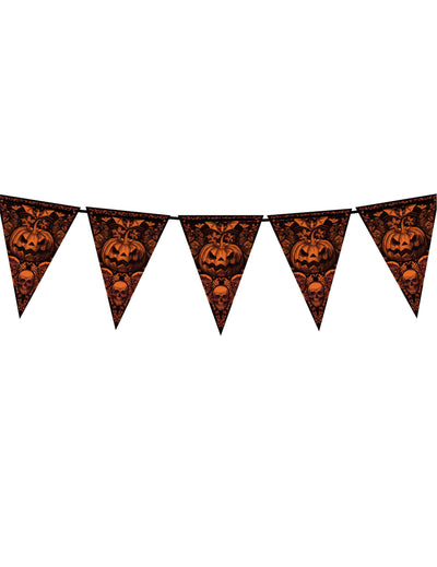 Guirlande à fanions citrouille gothique orange et noire avec têtes de mort et chauves-souris