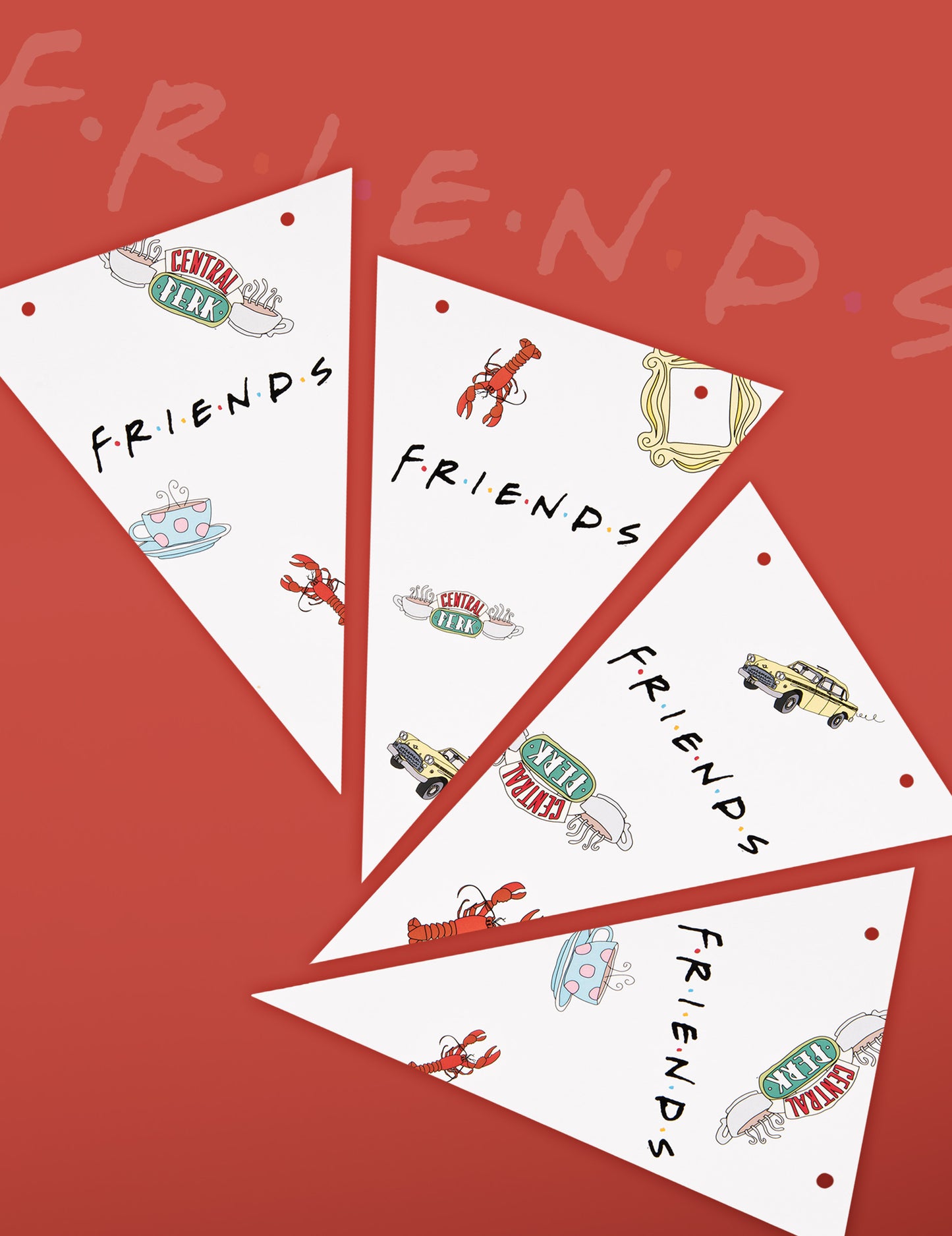 Détail des motifs illustrés de la guirlande à fanions Friends