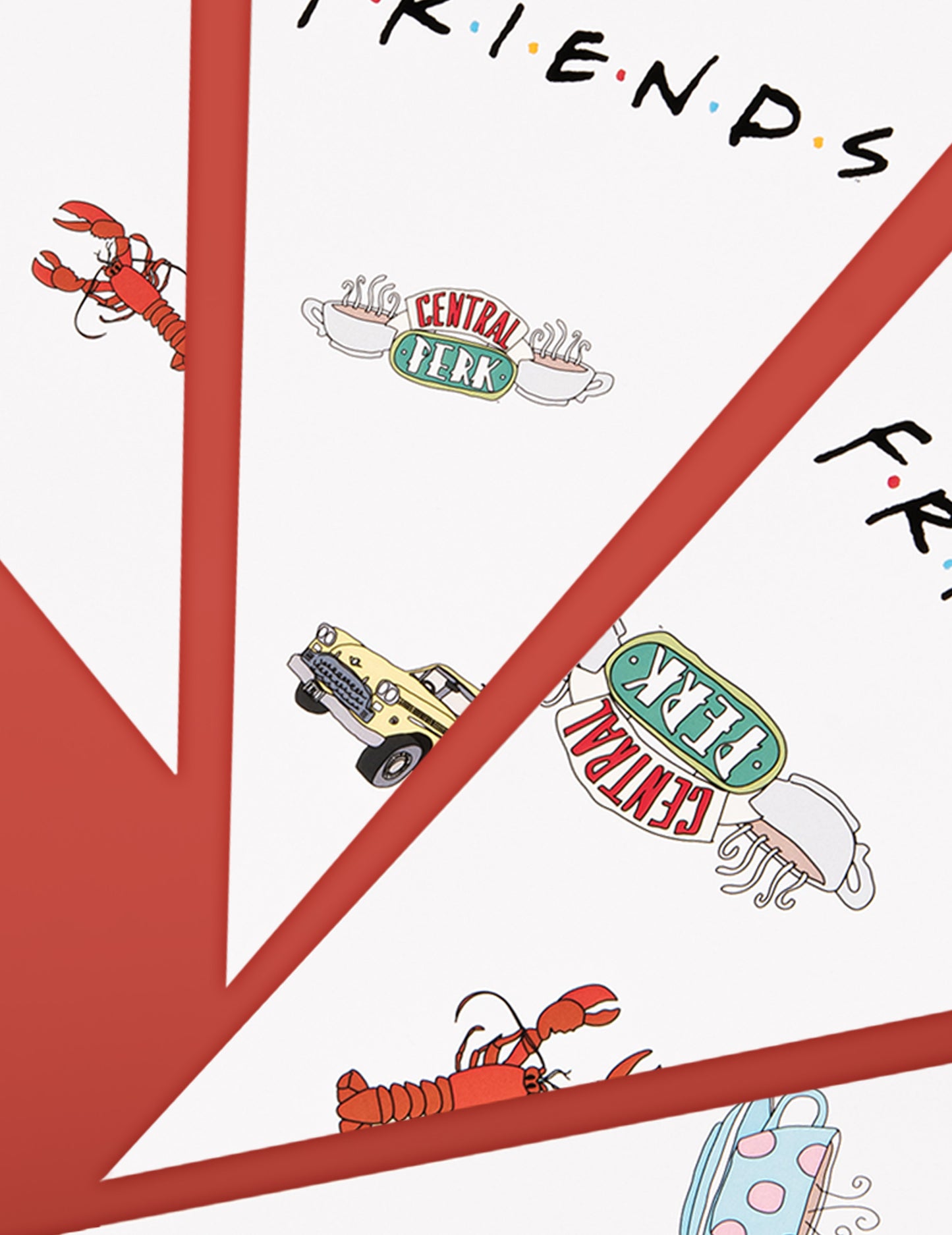 Gros plan sur les motifs du logo Central Perk et du homard de la guirlande à fanions Friends