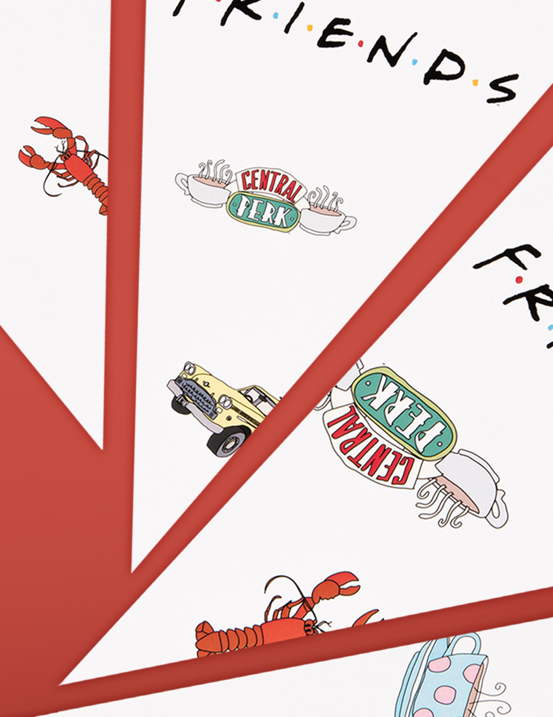 Gros plan sur les motifs du logo Central Perk et du homard de la guirlande à fanions Friends