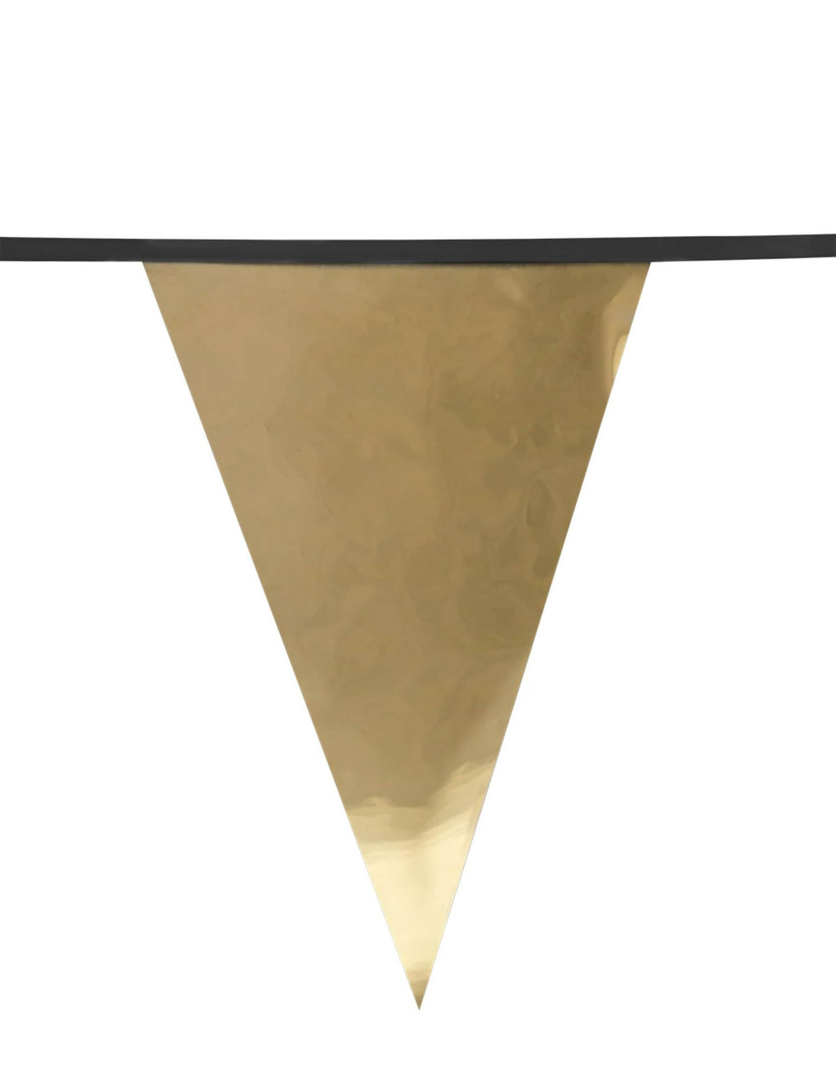Grande plano de um pendão dourado da guirlanda de pendões boas festas preta e dourada metalizada