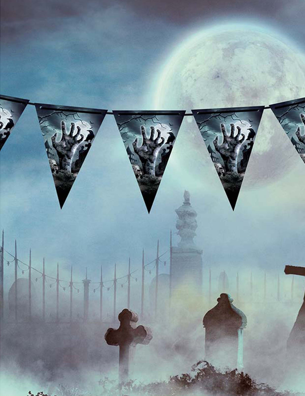 Mise en situation de la guirlande à fanions revenants du cimetière