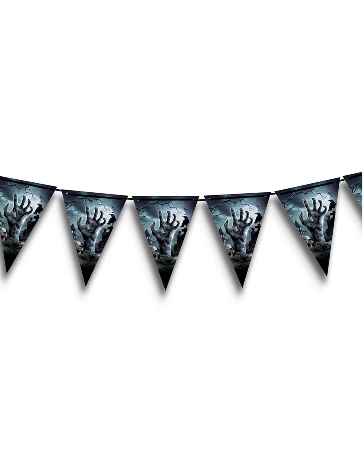 Guirlande à fanions revenants du cimetière pour Halloween bleue et noire avec main de zombie