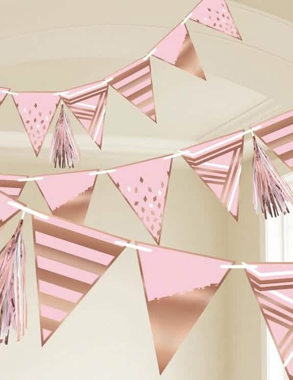 Guirlanda de bandeirolas para aniversário para decoração cor de rosa e ouro rosa com borlas