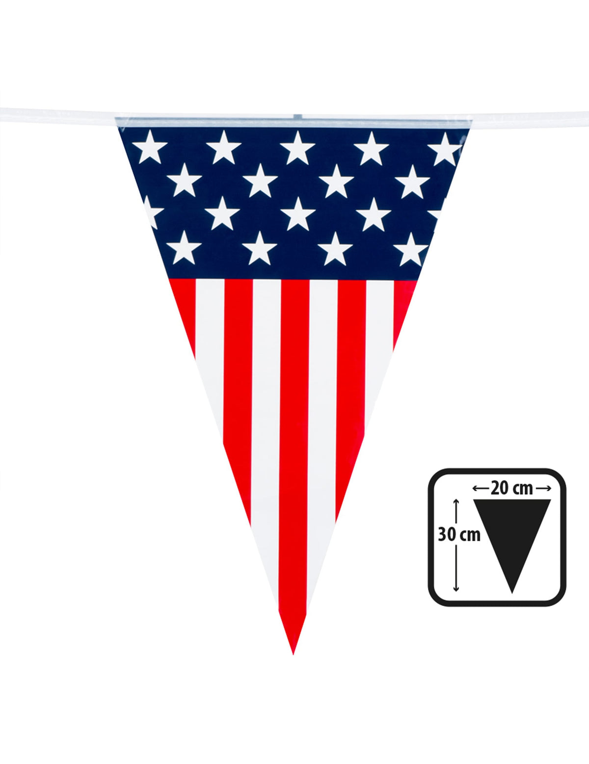 Détail des dimensions d'un fanion de la guirlande à fanions USA