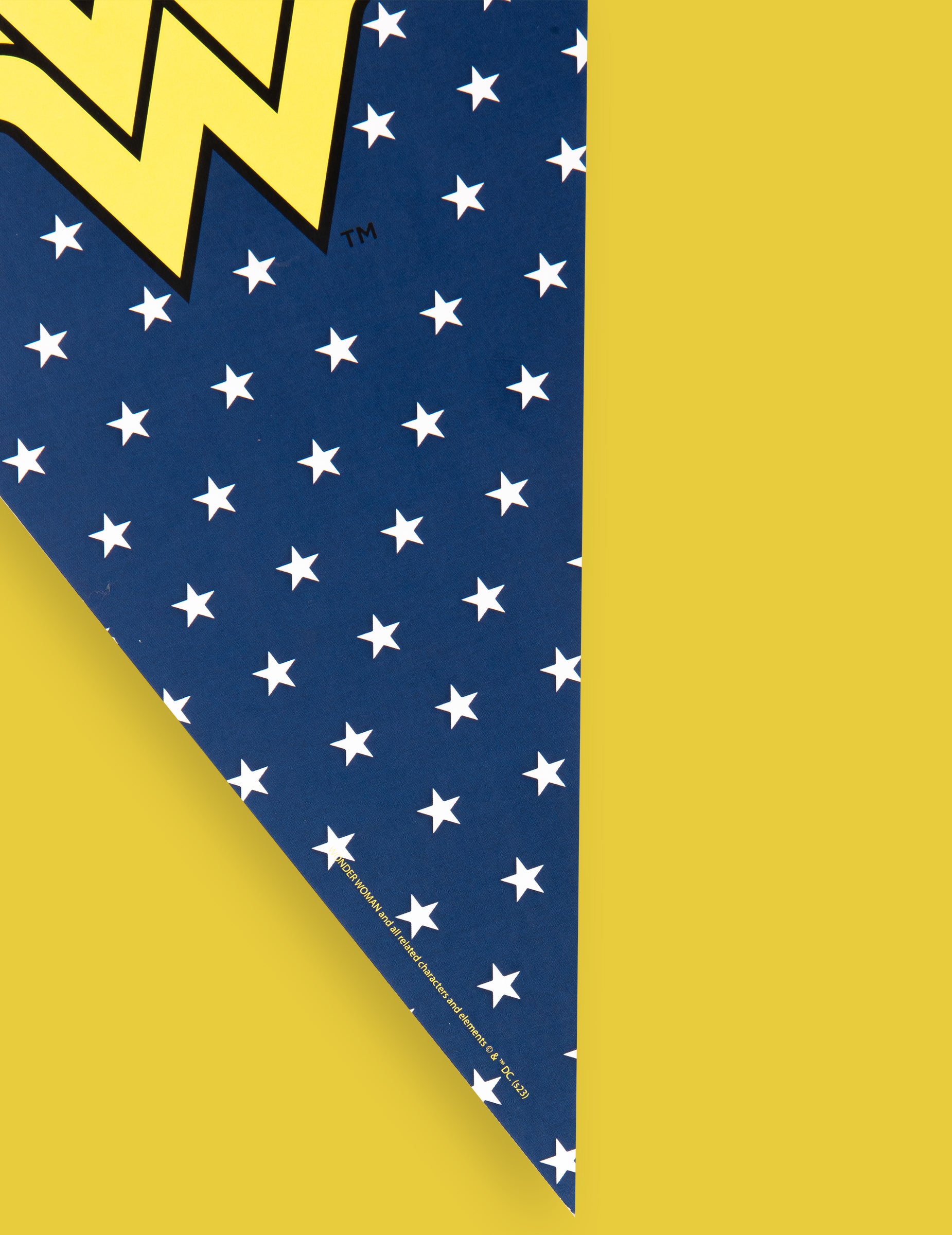 Gros plan sur le motif bleu étoilé de la guirlande à fanions Wonder Woman