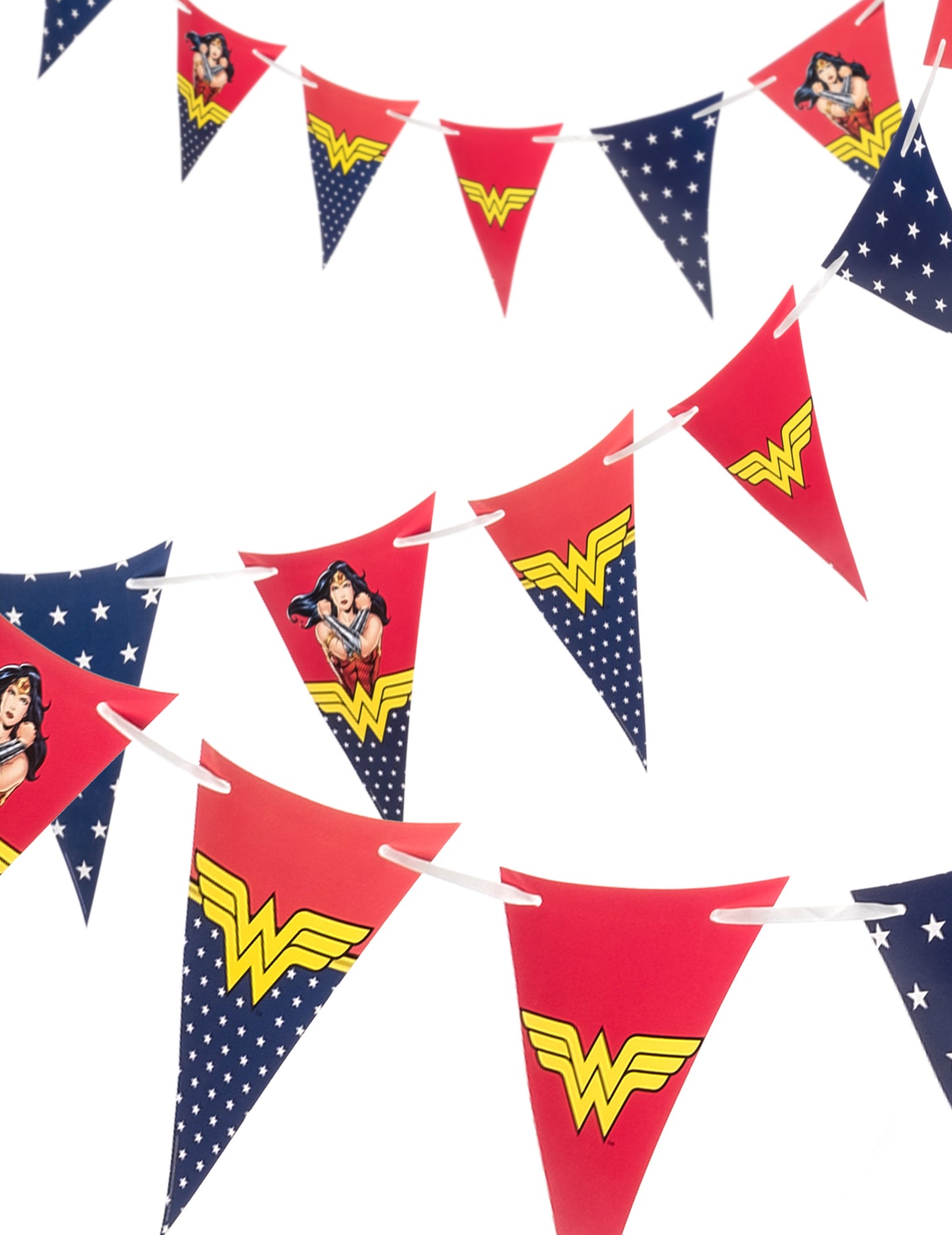 Guirlande à fanions Wonder Woman rouge et bleue avec logos dorés et étoiles