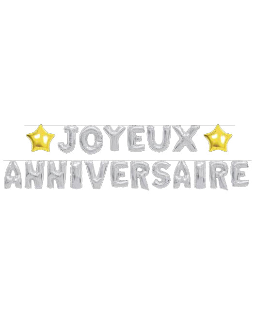 Guirlande ballons Joyeux Anniversaire argentée avec étoiles dorées