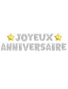 Guirlande ballons Joyeux Anniversaire argentée avec étoiles dorées