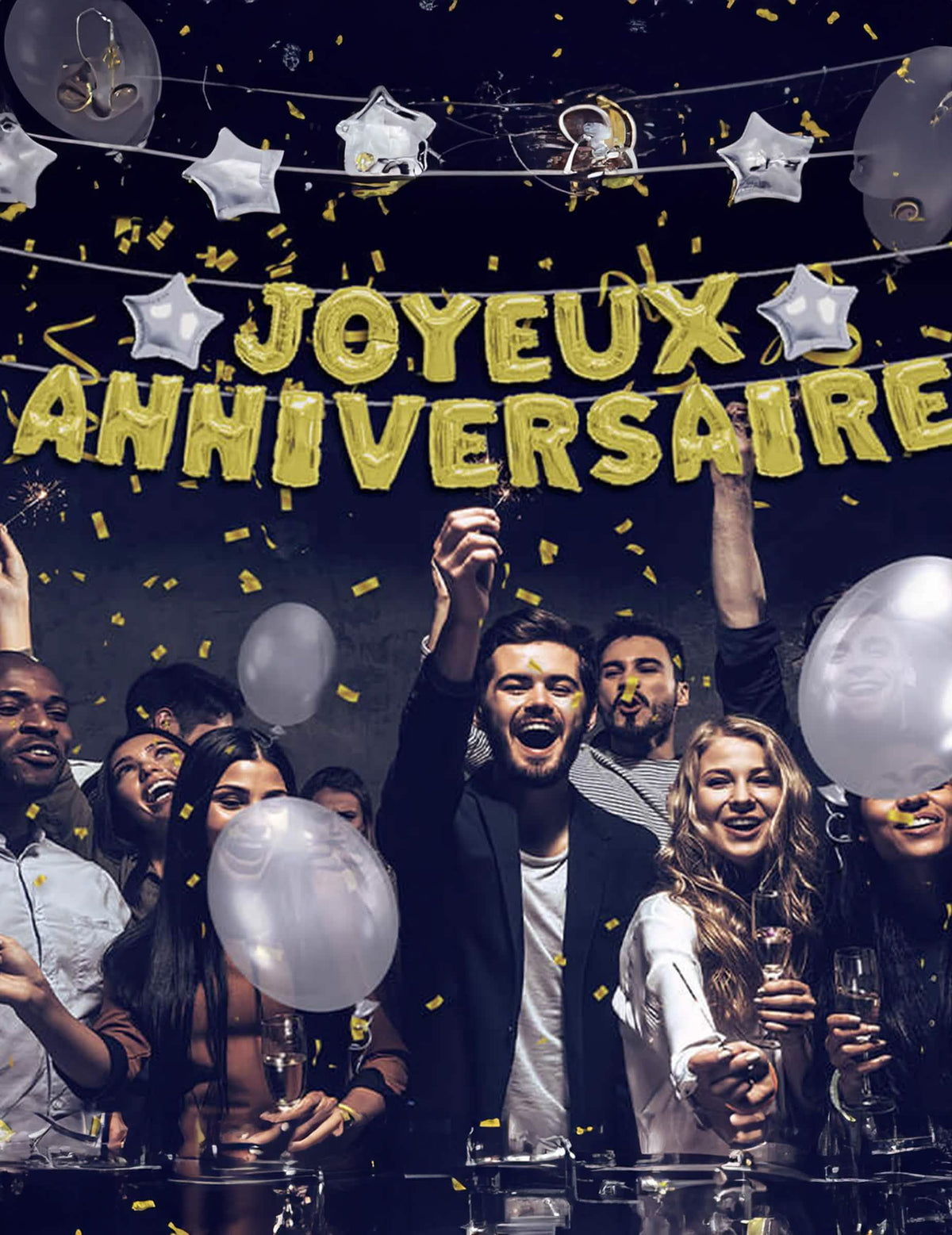 Mise em situação da guirlanda balões letras Feliz aniversário