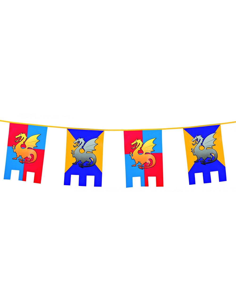 Détail d'un fanion rouge et bleu de la guirlande fanions chevalier médiéval