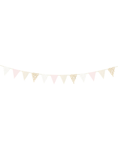 Guirlande de fanions en carton à motifs dorés pour fête rose et blanche