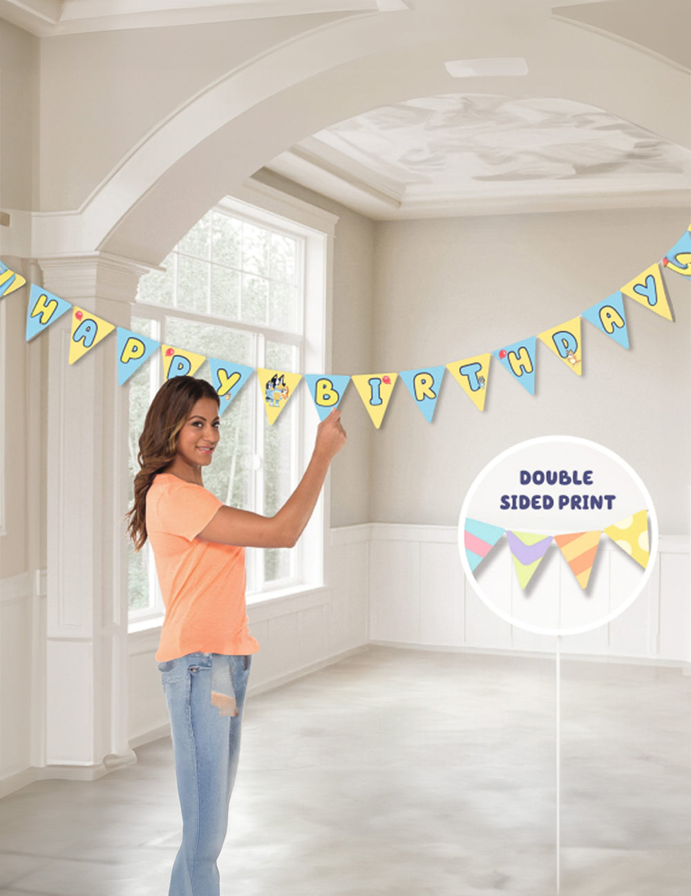 Guirlande de fanions Happy Birthday Bluey pour enfant bleue et jaune