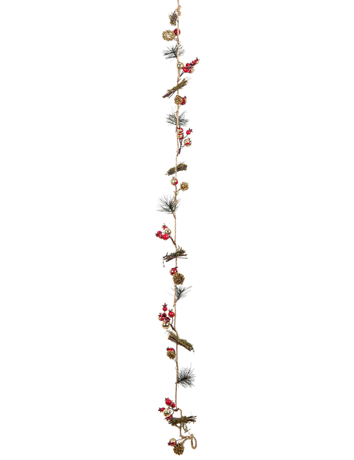 Guirlande de pommes de pin, baies, sapin et bois pour décoration rouge et dorée