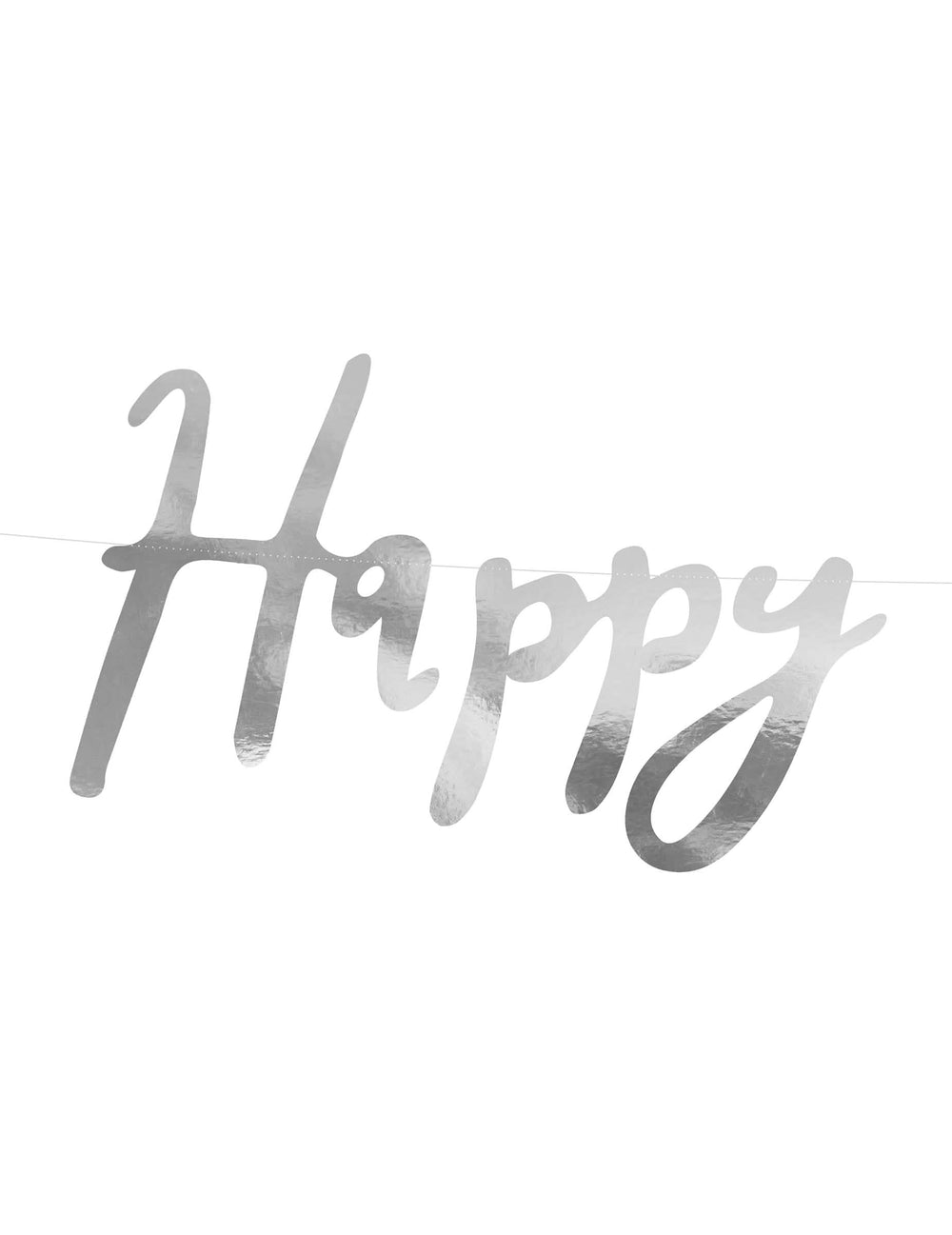 Grande plano da palavra Happy da grinalda Happy Birthday para festa prateada metalizada