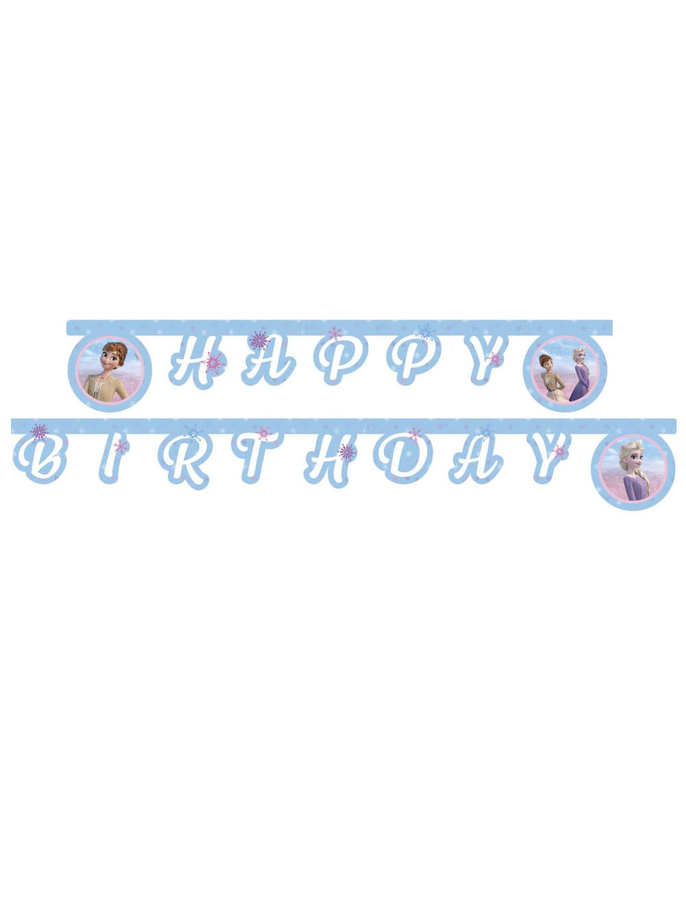 Guirlande en carton Happy Birthday La Reine des Neiges bleu clair avec Anna et Elsa