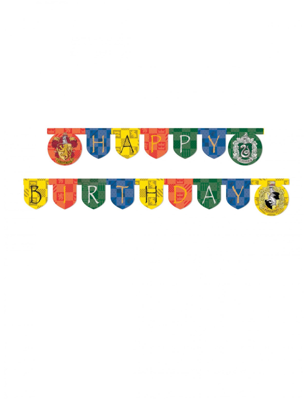 Guirlanda em cartão Happy Birthday Harry Potter para aniversário multicores com os brasões das casas