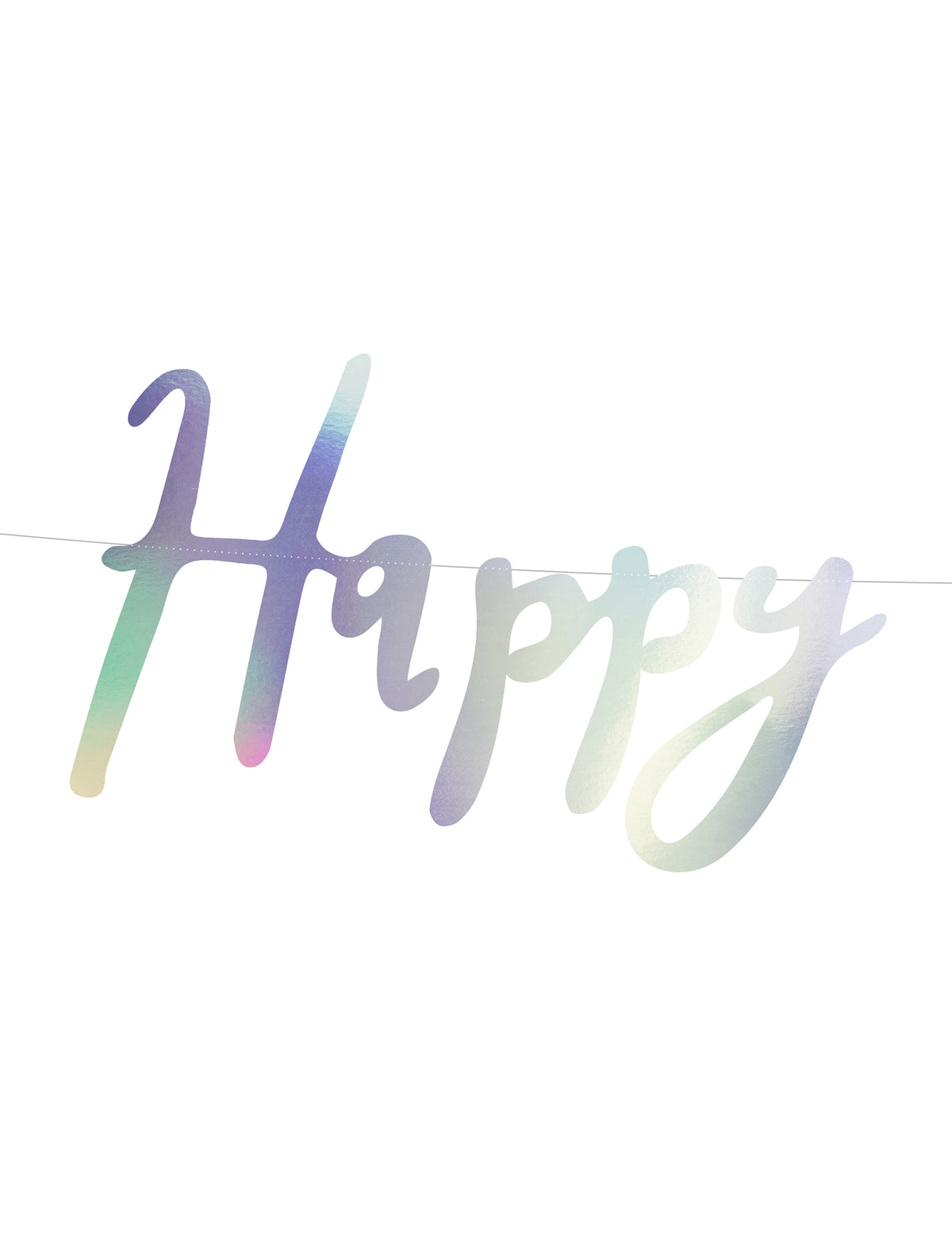 Gros plan sur le mot Happy de la guirlande en carton happy birthday iridescent