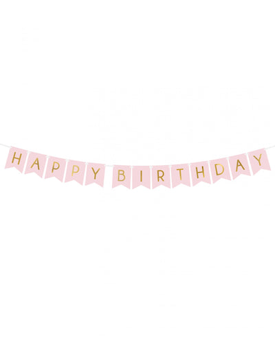 Guirlande en carton Happy Birthday pour anniversaire rose et dorée