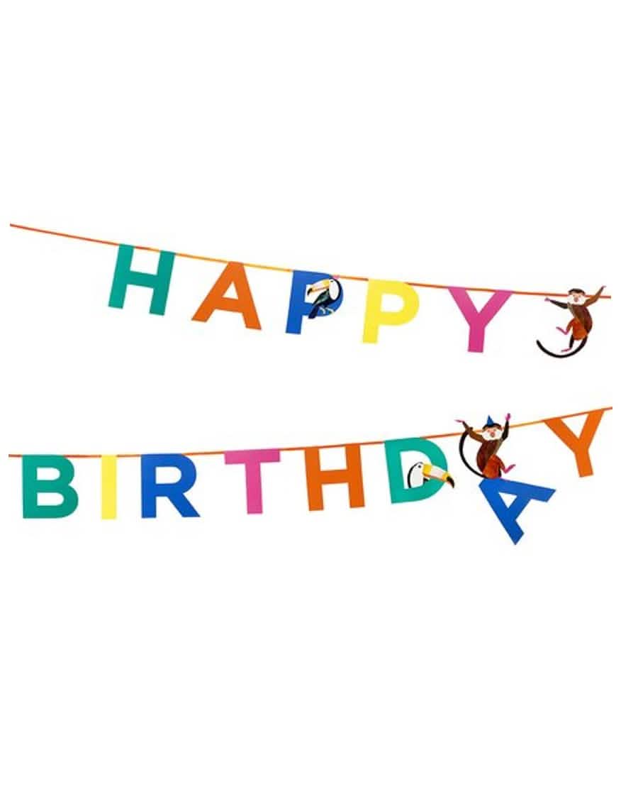 Guirlanda de cartão Party Animal Happy Birthday selva para criança multicores com macacos e tucanos