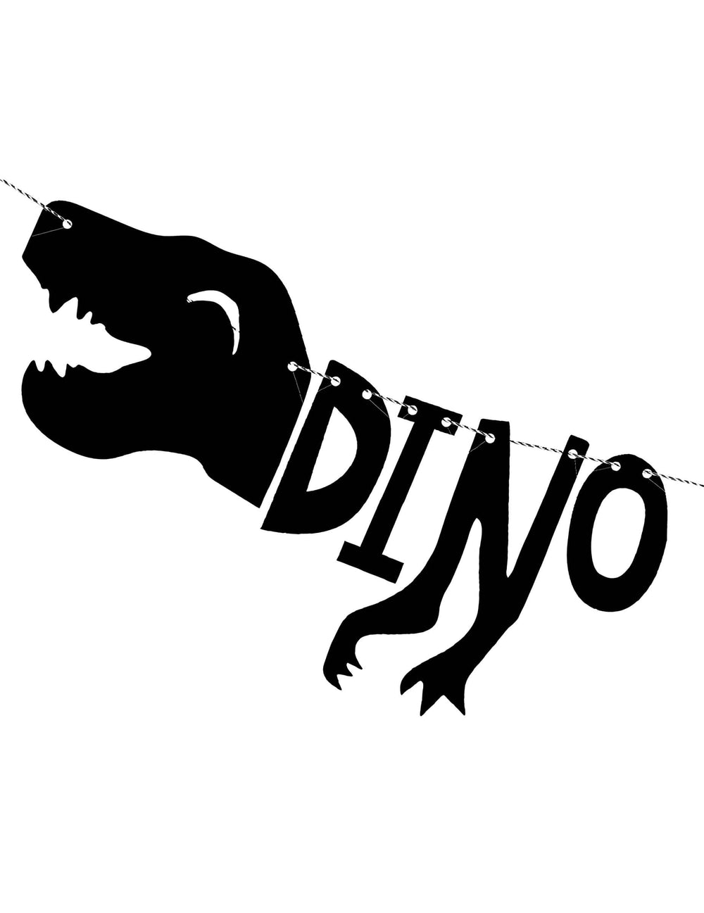 Detalhe da cabeça e da inscrição DINO da guirlanda em cartão esqueleto dino party