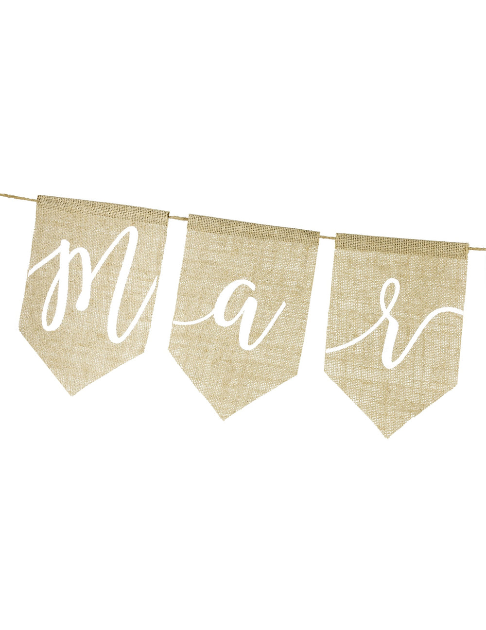 Détail des fanions en jute de la guirlande Just Married pour mariage