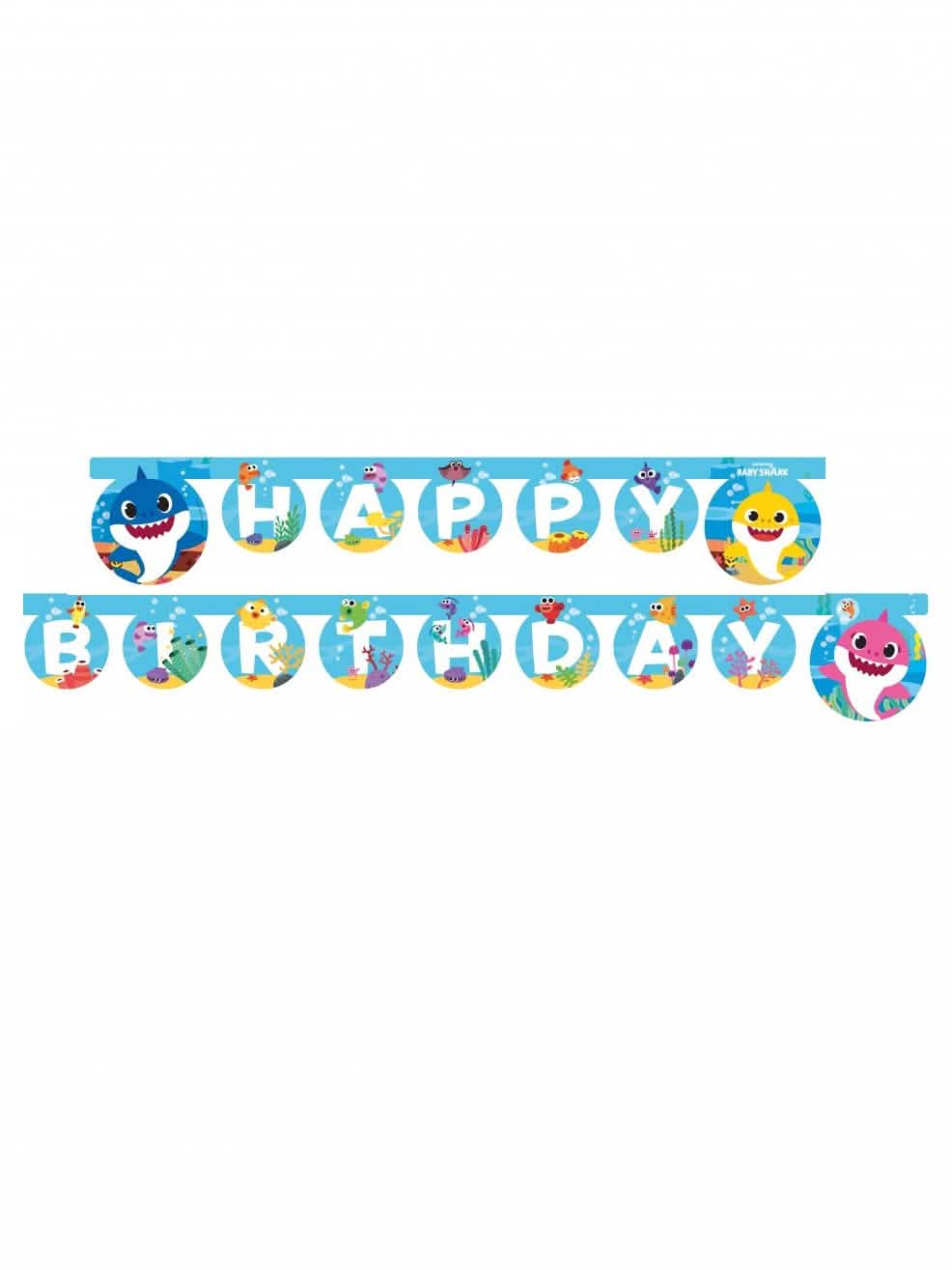 Grinalda de papel Happy Birthday Baby Shark azul com motivos de tubarões