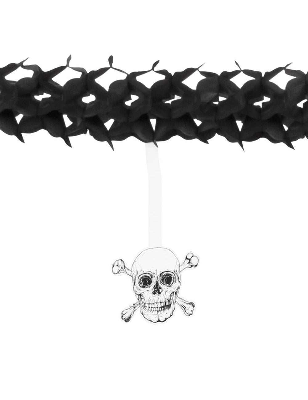 Gros plan sur la tête de mort suspendue de la guirlande en papier Pirate Jolly Roger