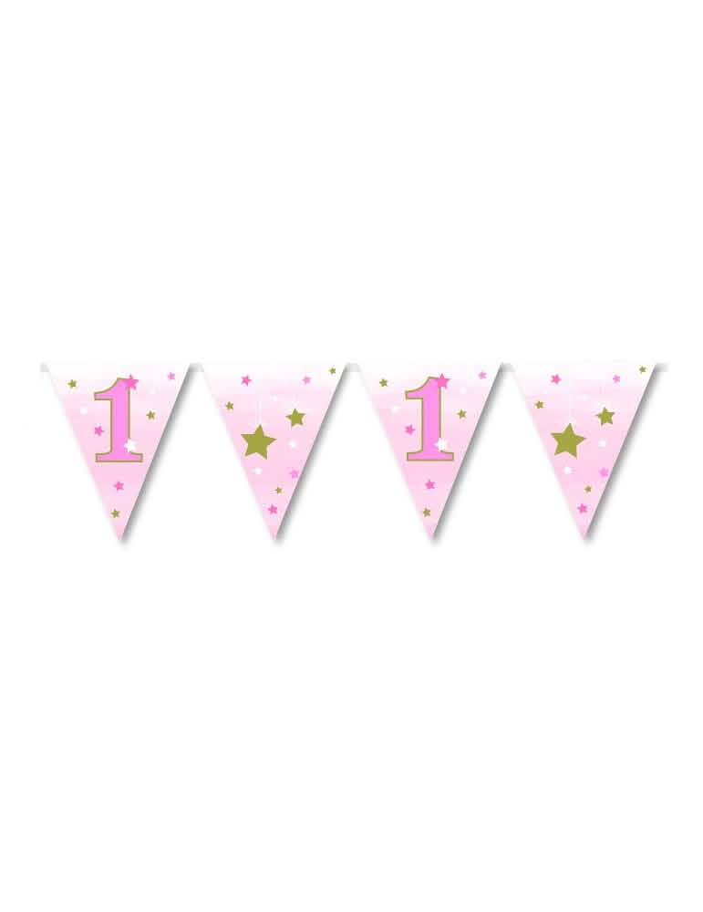 Guirlanda de bandeirinhas em papel primeiro aniversário one little star para menina cor de rosa e dourado