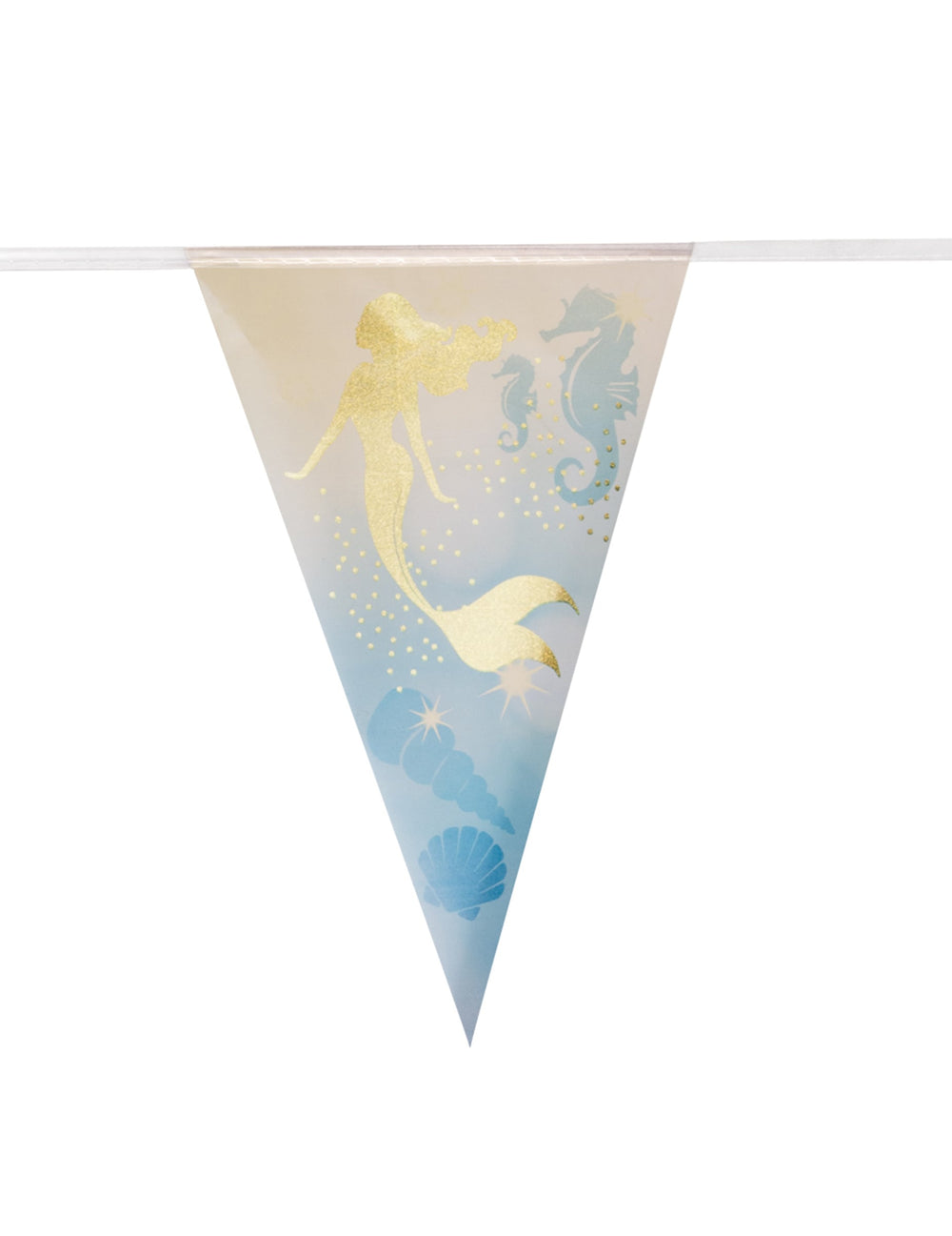 Zoom sur le motif sirène dorée d'un fanion de la Guirlande en plastique 10 fanions Sirène Lagune