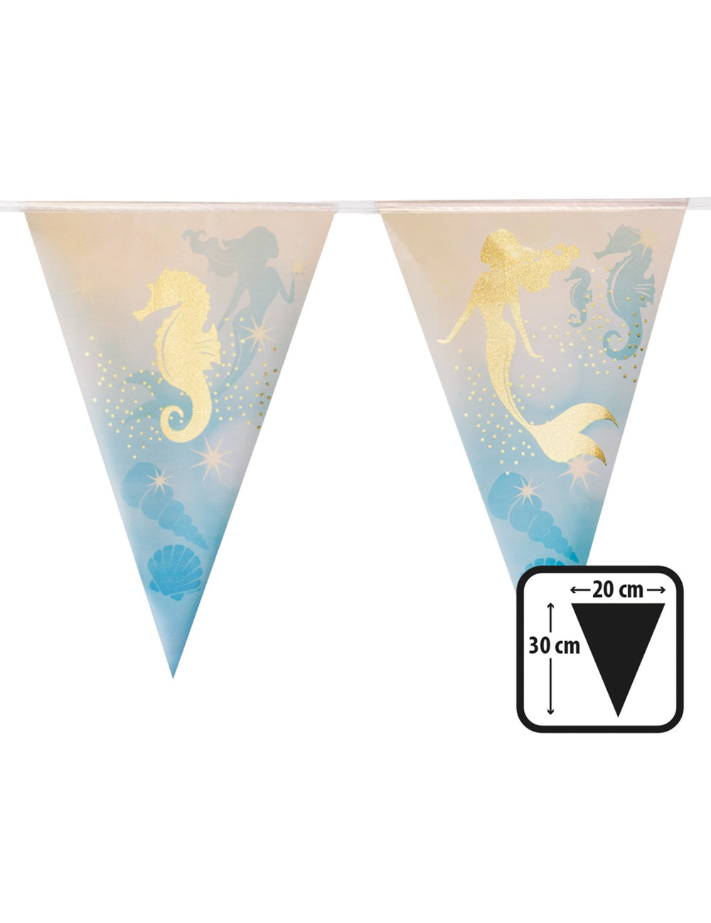 Détail des dimensions d'un fanion de la Guirlande en plastique 10 fanions Sirène Lagune