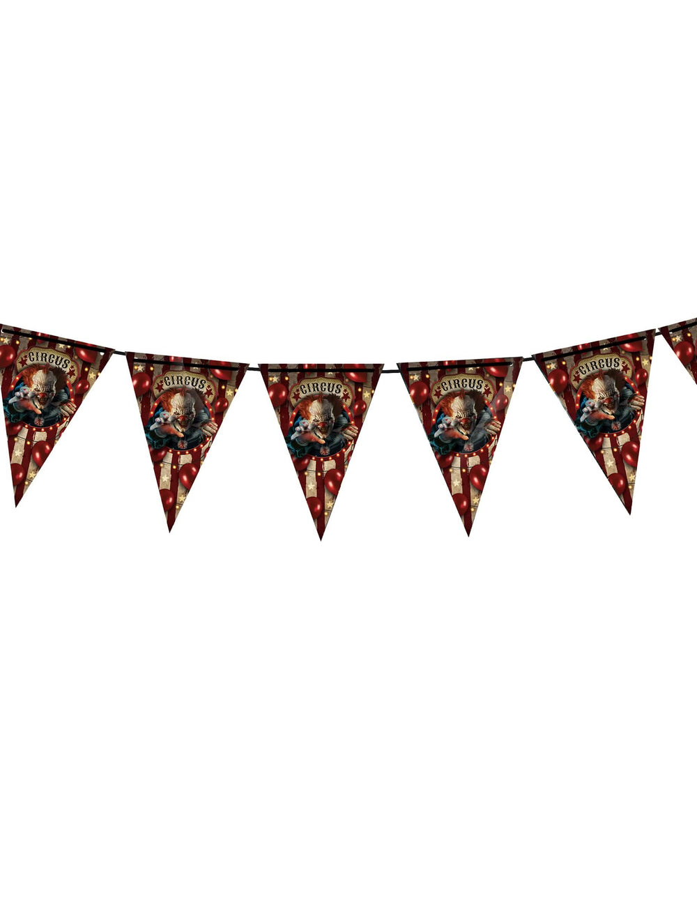Guirlande en plastique clown d'Halloween rouge et beige à motifs de cirque